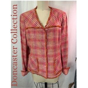 Doncaster Collection Pink Plaid Tweed Blazer Jacket Fringe Trim Size 12 Classic